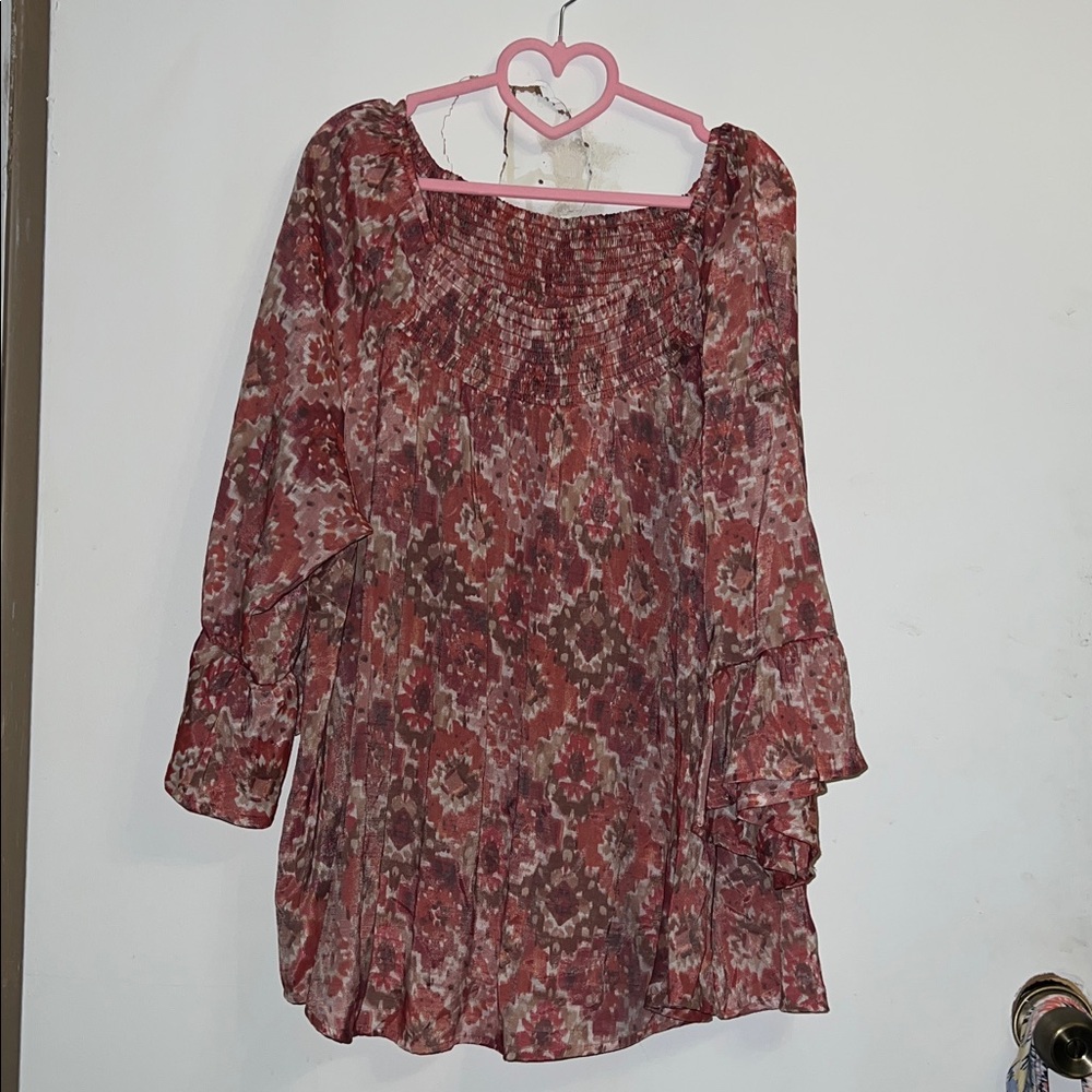 Cocomo Women's Blouse in Red and Brown Pattern